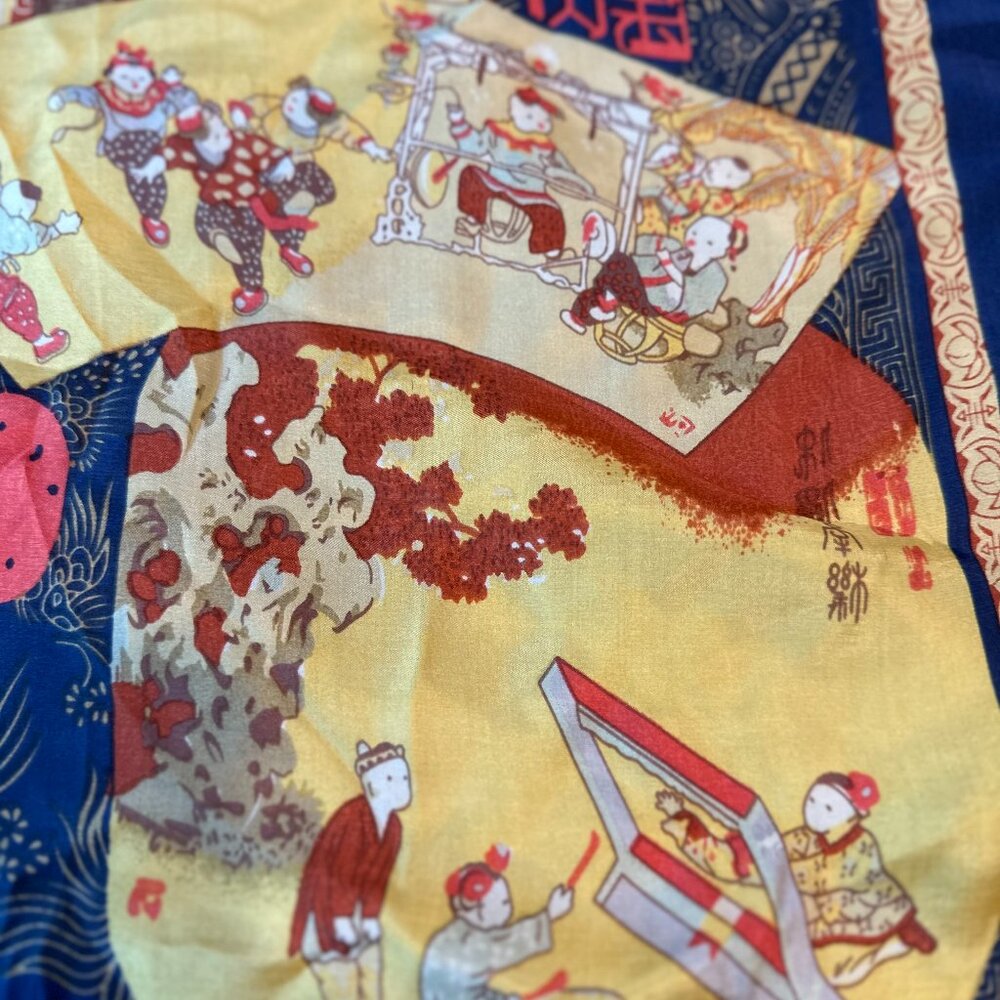 Vintage Chinese Silk Scarf – Hand-Painted Style, 34"x34", 100% Silk